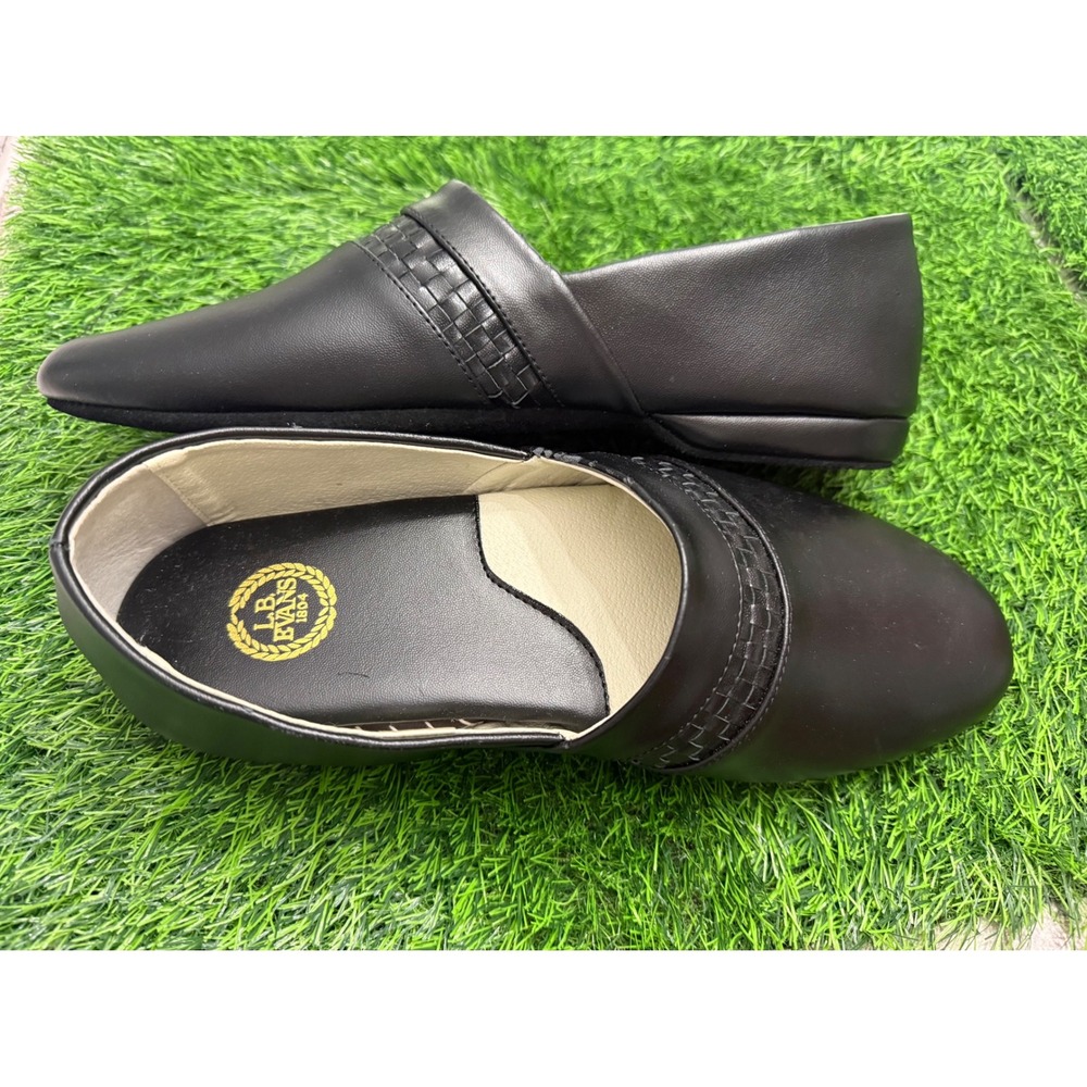 LB Evans 1804 Mens Black Leather Woven Strap Slippers House Shoes 11 P693 NWT